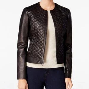 QUILTED FORMAL BLACK LEATHER JACKET FOR WOMEN Zippered Jacket Buttoned Jacket Snapped Jacket QUILTED FORMAL BLACK LEATHER JACKET FOR WOMEN Zippered Jacket Buttoned Jacket Snapped Jacket