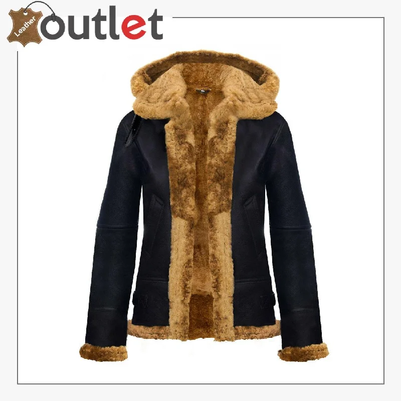 RAF Aviator Pilot Brown Womens Hooded Sheepskin Jacket B3 Flying Leather Jacket A-Line Jacket Boat Neck Shawl Collar RAF Aviator Pilot Brown Womens Hooded Sheepskin Jacket B3 Flying Leather Jacket A-Line Jacket Boat Neck Shawl Collar
