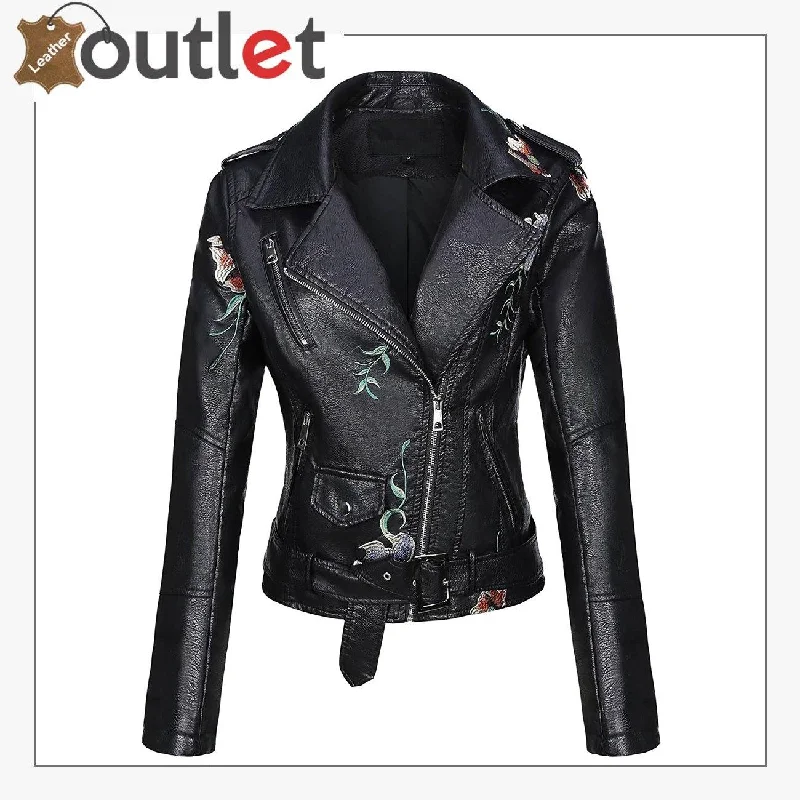 Real Black Leather studded jacket For Women Satin Fabric Silk Fabric Chiffon Fabric