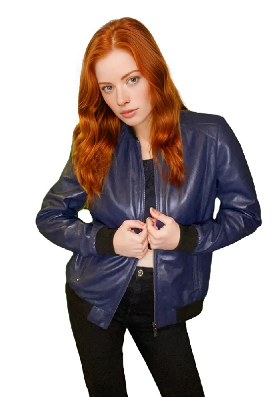 Savannah Womens Bomber Leather Jacket Front Pockets Side Pockets Patch Pockets
