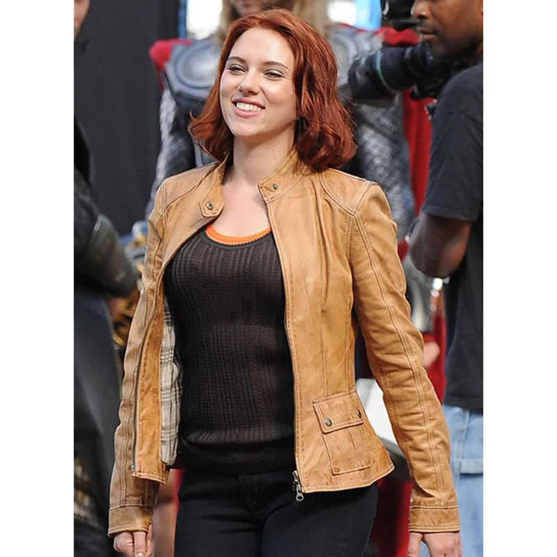 Scarlett Johansson The Avengers Leather Jacket Tan Cardigan Sweater Pullover