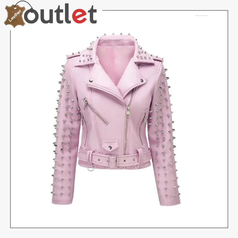 Soft Pink Studded Leather Biker Jacket Zippered Front Buttoned Front Snap Front