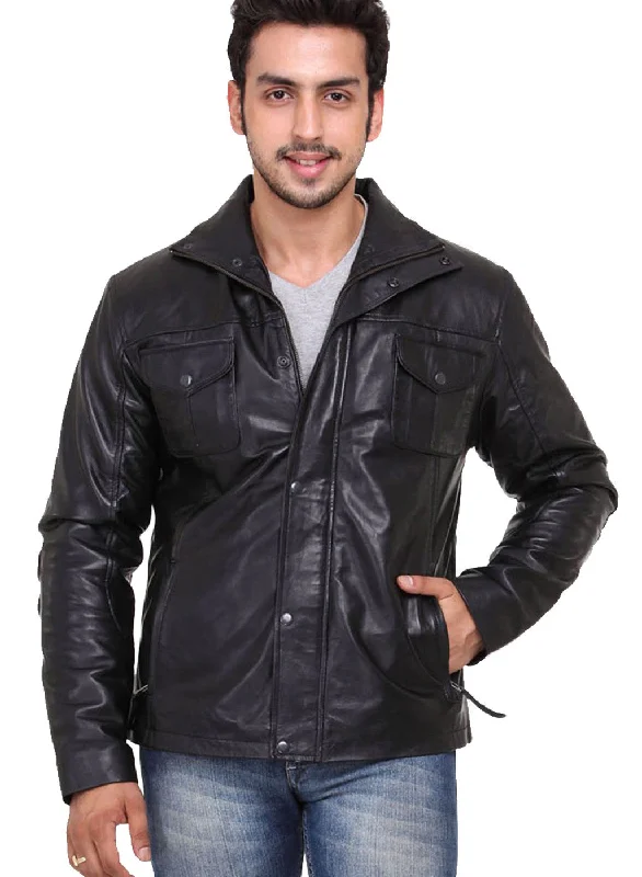 Solid Camel Leather Jacket Tiered Jacket Buttoned Jacket Zippered Jacket