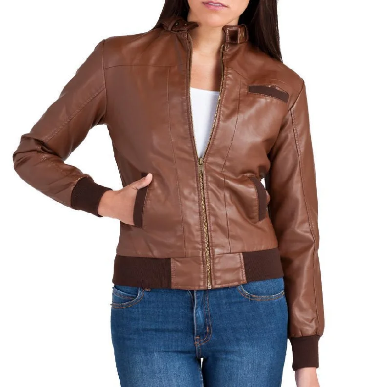 Super Bendy Women Bomber Leather Jackets Front Pockets Side Pockets Patch Pockets
