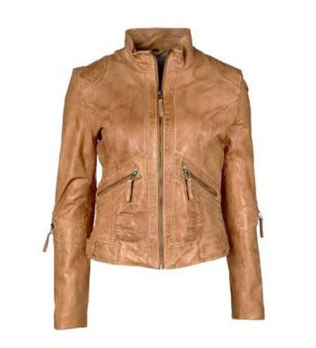 Super Brown Women Classic Leather Jackets Welt Pockets Slit Pockets Flap Pockets