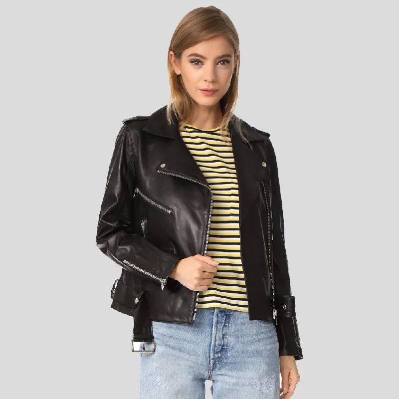 Whitley Black Biker Leather Jacket Print Jacket Jacquard Jacket Embroidered Jacket