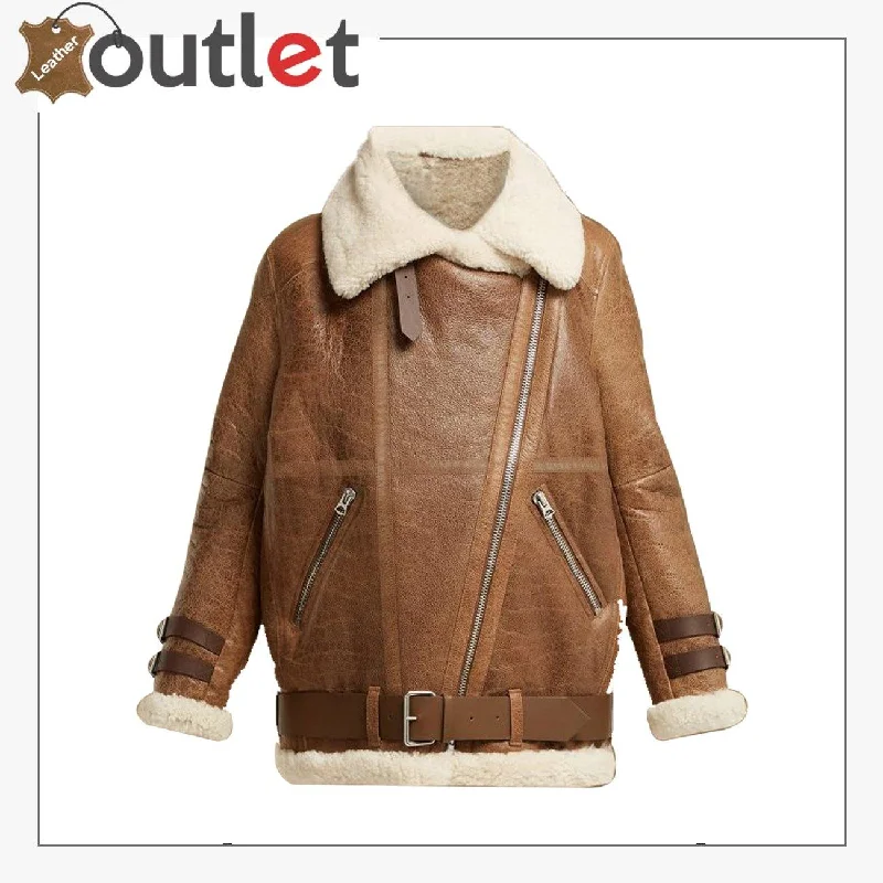 Women Light Brown Shearling Leather Jacket Fleece Jacket Down Jacket Feather Jacket