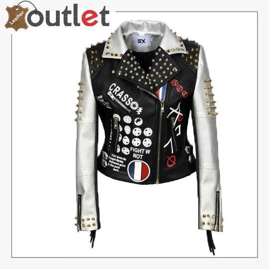 Women Punk Biker Jacket Letter Print Graffiti Rivet Fringe Coat Faux Fur Jacket Real Fur Jacket Shearling Jacket Women Punk Biker Jacket Letter Print Graffiti Rivet Fringe Coat Faux Fur Jacket Real Fur Jacket Shearling Jacket