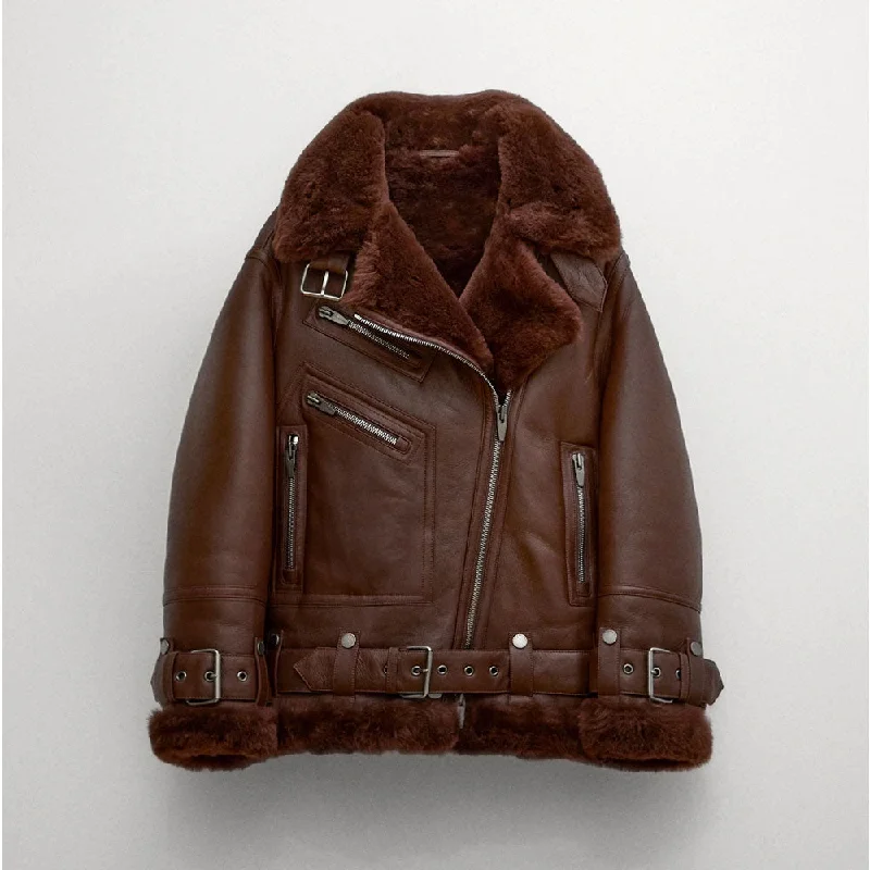 Women Sheepskin Shearling Brown Aviator Styled Leather Jacket Zip Front Button Front Snap Front Women Sheepskin Shearling Brown Aviator Styled Leather Jacket Zip Front Button Front Snap Front