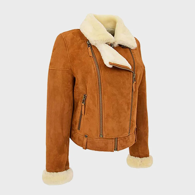Women's A1 Suede Sheepskin Leather jacket Zippered Front Buttoned Front Snap Front