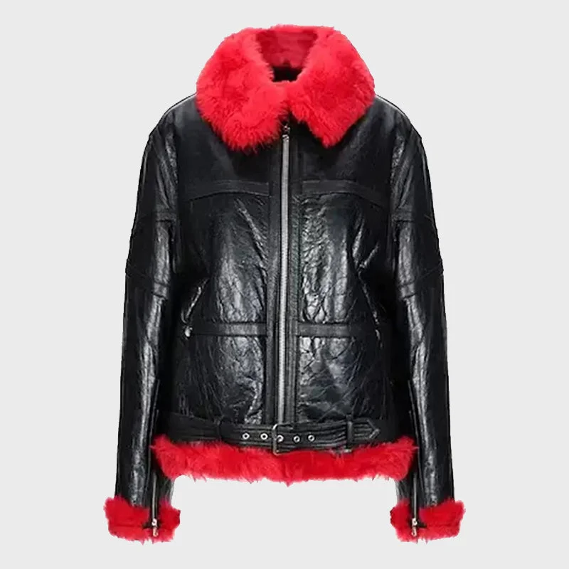 Women's Alexander McQueen Aviator Red Shearling Jacket Welt Pockets Slit Pockets Flap Pockets Women's Alexander McQueen Aviator Red Shearling Jacket Welt Pockets Slit Pockets Flap Pockets