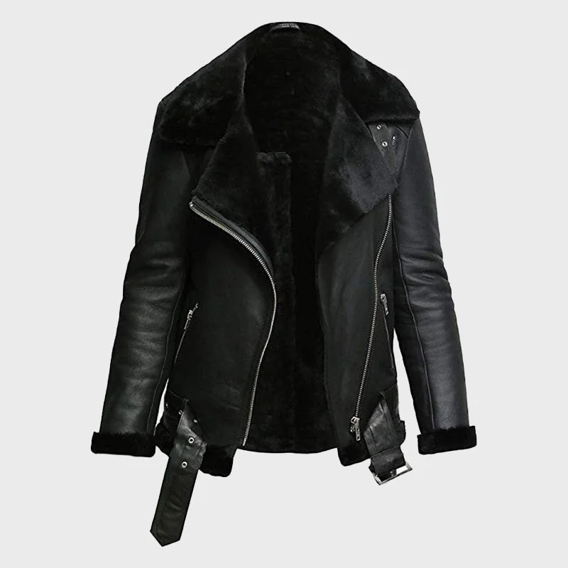 Women's Black Real Sheepskin Leather Flying Jacket Trench Coat Raincoat Waterproof Jacket Women's Black Real Sheepskin Leather Flying Jacket Trench Coat Raincoat Waterproof Jacket