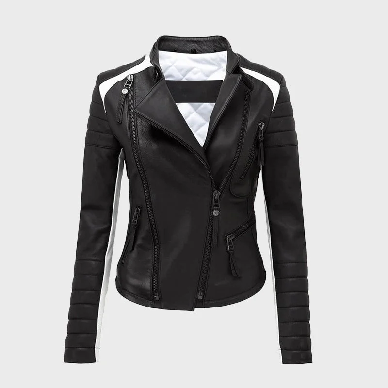 Women's Black & White Sheepskin Biker Leather Jacket Fleece Jacket Down Jacket Parka Women's Black & White Sheepskin Biker Leather Jacket Fleece Jacket Down Jacket Parka