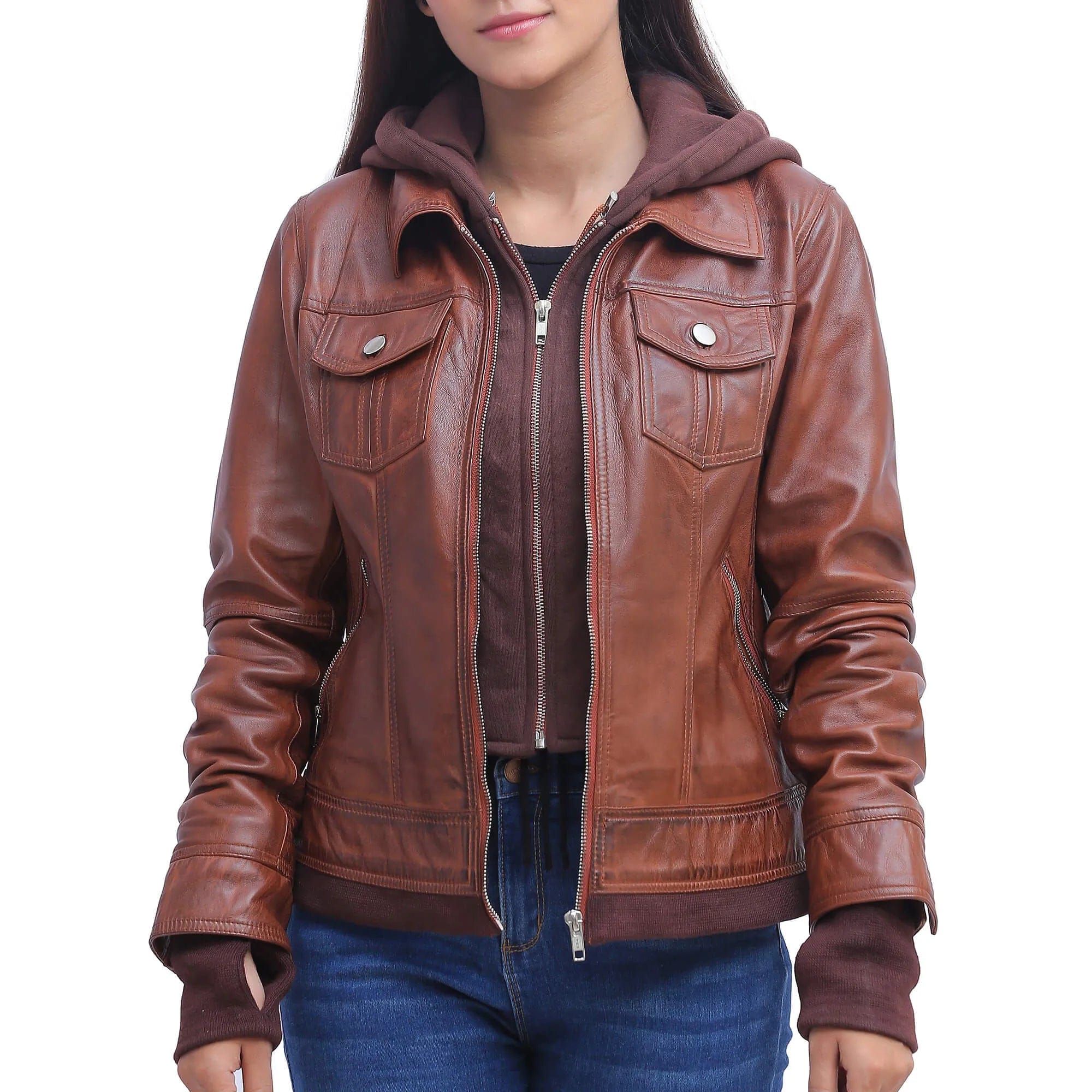 Womens Brown Leather Jacket With Hood Wool Fabric Cashmere Fabric Tweed Fabric
