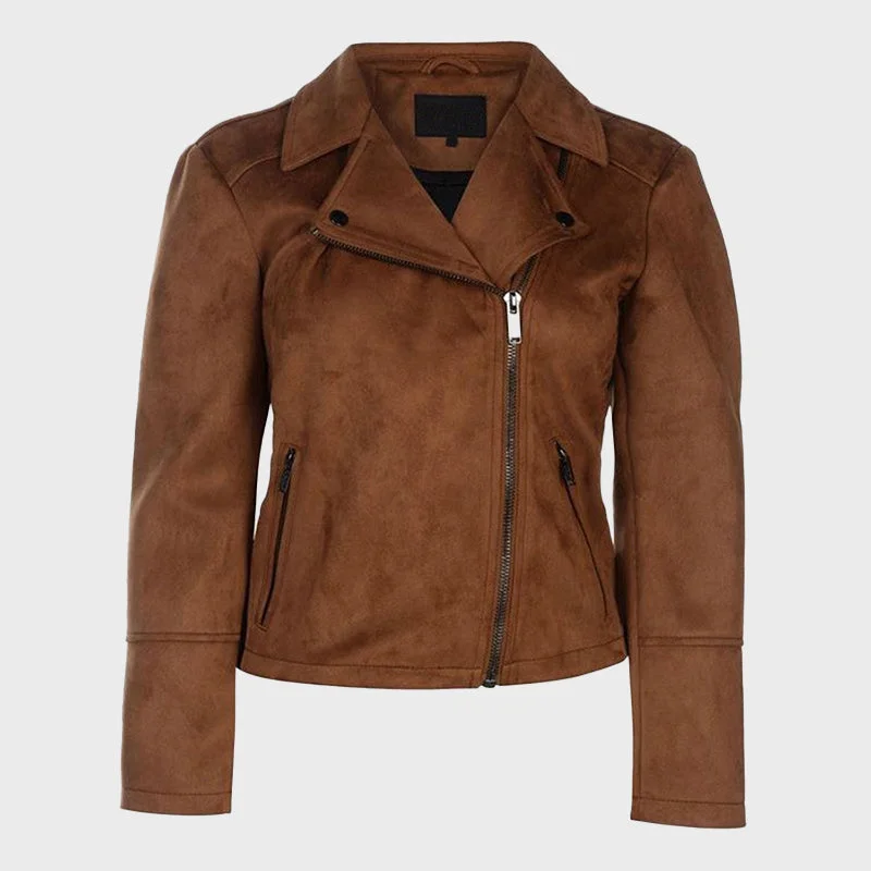 Women's Brown Suede Leather Biker Jacket Front Pockets Side Pockets Patch Pockets