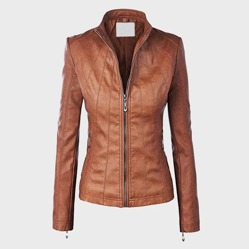 Women's Faux Leather Moto Biker Jacket Ribbed Jacket Pleated Jacket Ruffled Jacket