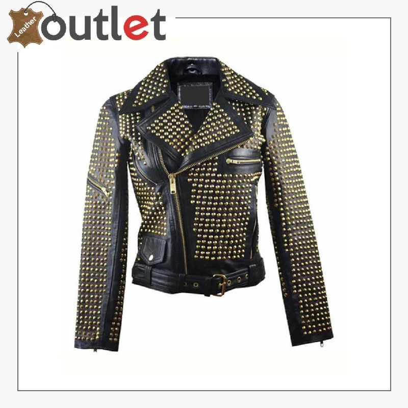 Womens Full Golden Studded Leather Jacket Satin Jacket Silk Jacket Chiffon Jacket