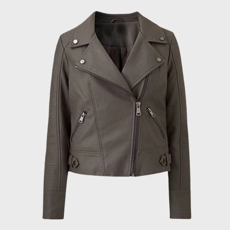Women's Mid Grey Curve Biker Leather Jacket Stand-Up Collar Roll-Neck Collar Turtle Neck Women's Mid Grey Curve Biker Leather Jacket Stand-Up Collar Roll-Neck Collar Turtle Neck