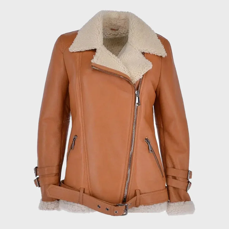 Women's Pilot Side Zip Leather Sheepskin Jacket Zip Front Button Front Snap Front