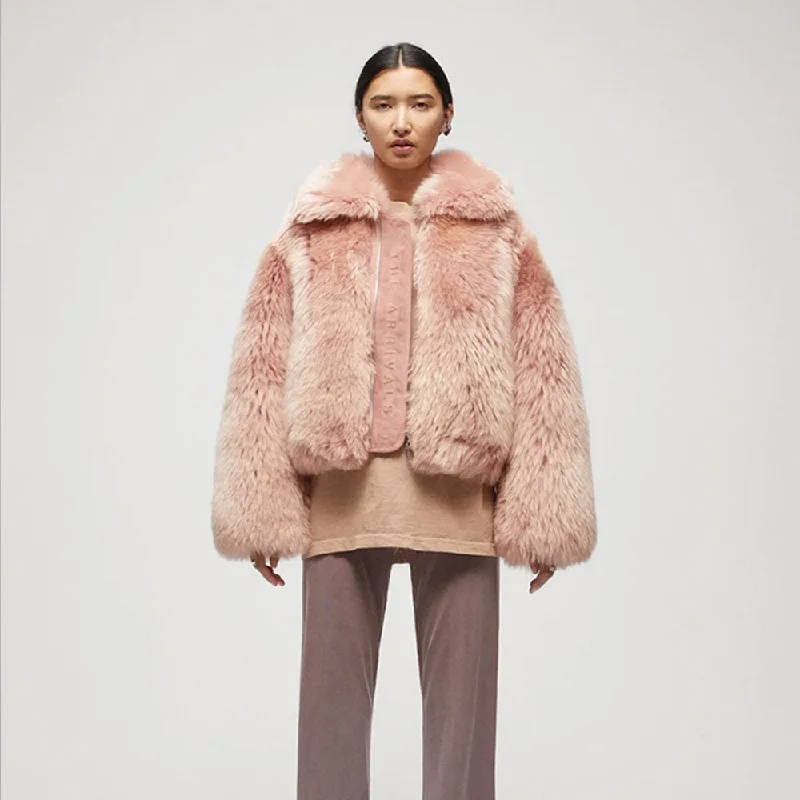 Womens Pink Shearling Short Fox Fur Leather Jacket Tiered Jacket Buttoned Jacket Zippered Jacket Womens Pink Shearling Short Fox Fur Leather Jacket Tiered Jacket Buttoned Jacket Zippered Jacket