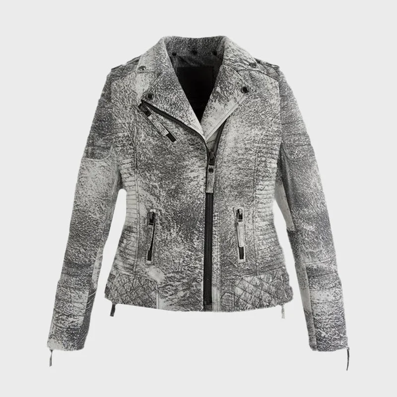 Women's Storm Grey Biker Leather Jacket Quilted Jacket Puffer Jacket Insulated Jacket