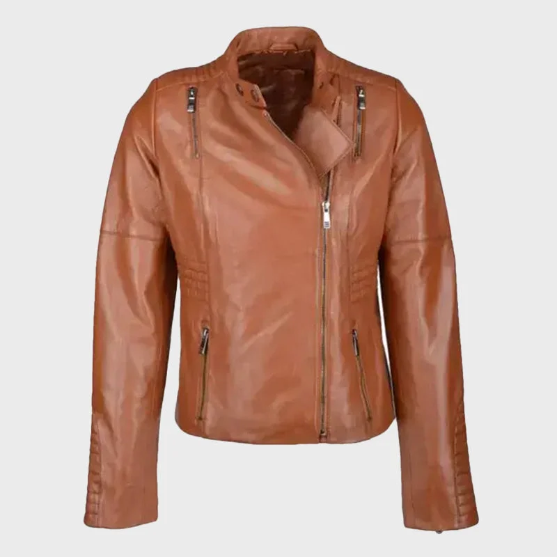 Women's Tan Biker Style Leather Jacket Welt Pockets Slit Pockets Flap Pockets