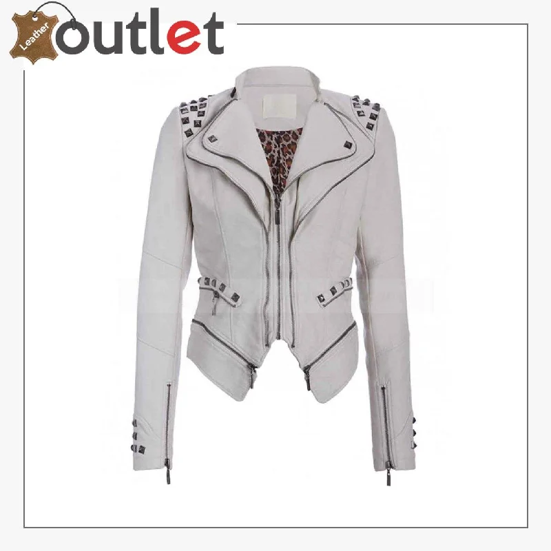 Womens White Studded Punk Leather Jacket Faux Fur Jacket Real Fur Jacket Shearling Jacket Womens White Studded Punk Leather Jacket Faux Fur Jacket Real Fur Jacket Shearling Jacket