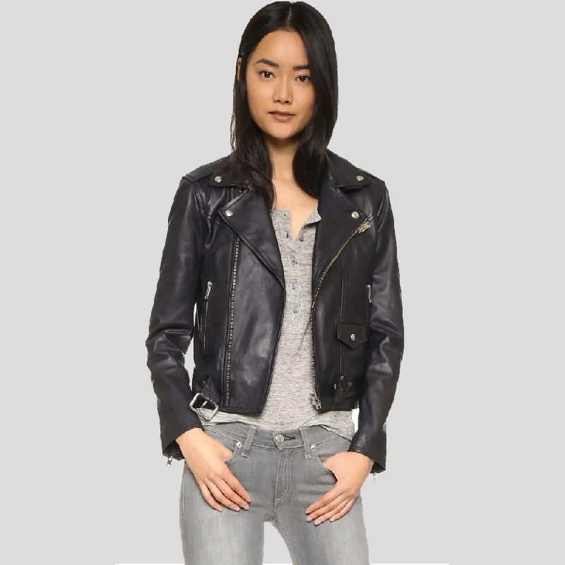 Zora Black Biker Leather Jacket Herringbone Jacket Houndstooth Jacket Plaid Jacket