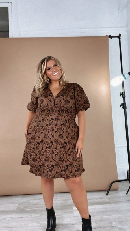 Be The Occasion Balloon Sleeve Mini Dress, Brown Fashionable Mini Dress with Pockets