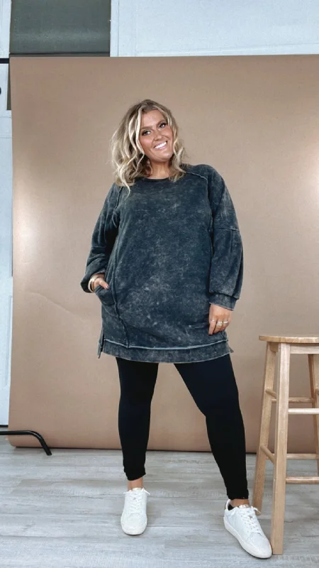 Come Chill Mineral Washed Long Sleeve Mini Dress Comfortable One-Shoulder Mini Dress
