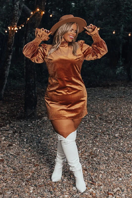 Fashionably Late Velvet Mini Dress In Camel Curves Stylish Plaid Mini Dress