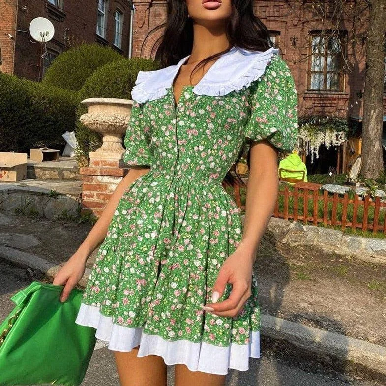 French Macaron Floral Print Summer Mini Dress Cozy Knit Mini Dress