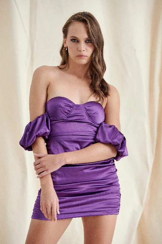 GRAPE SATIN RUCHED MINI DRESS Cozy T-Shirt Mini Dress