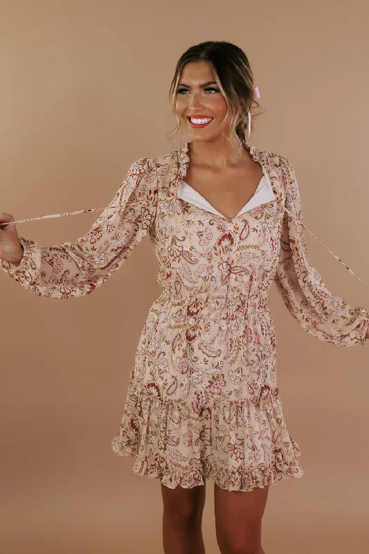 Floral Dreams Mini Dress, Golden Multi Comfortable Ruffle Mini Dress