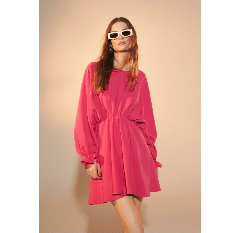 July Ruffled Mini Dress in Virtual Pink Elegant Satin Lace Mini Dress