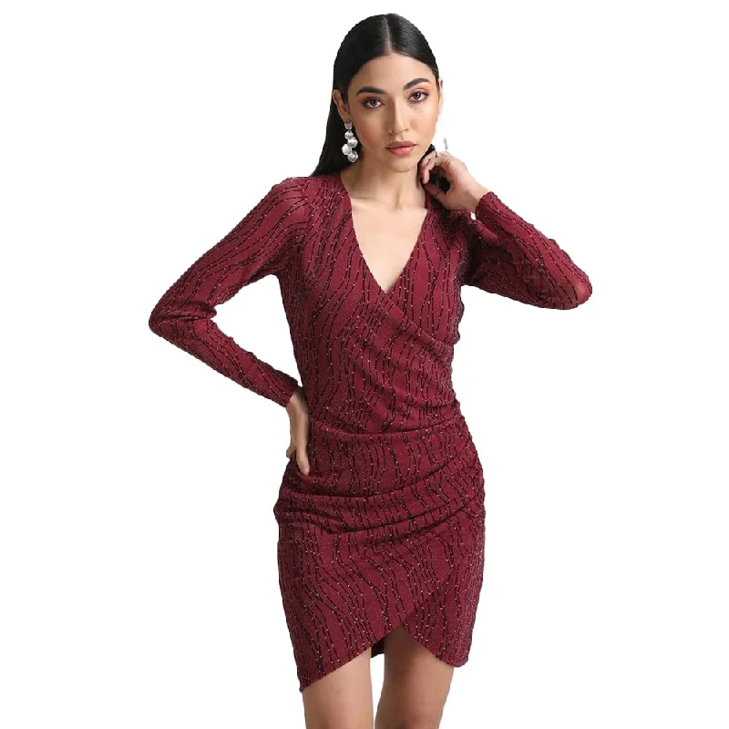 Kazo Abstract Georgette V Neck Women's Mini Dress (Black) Comfortable Polka Dot Mini Dress