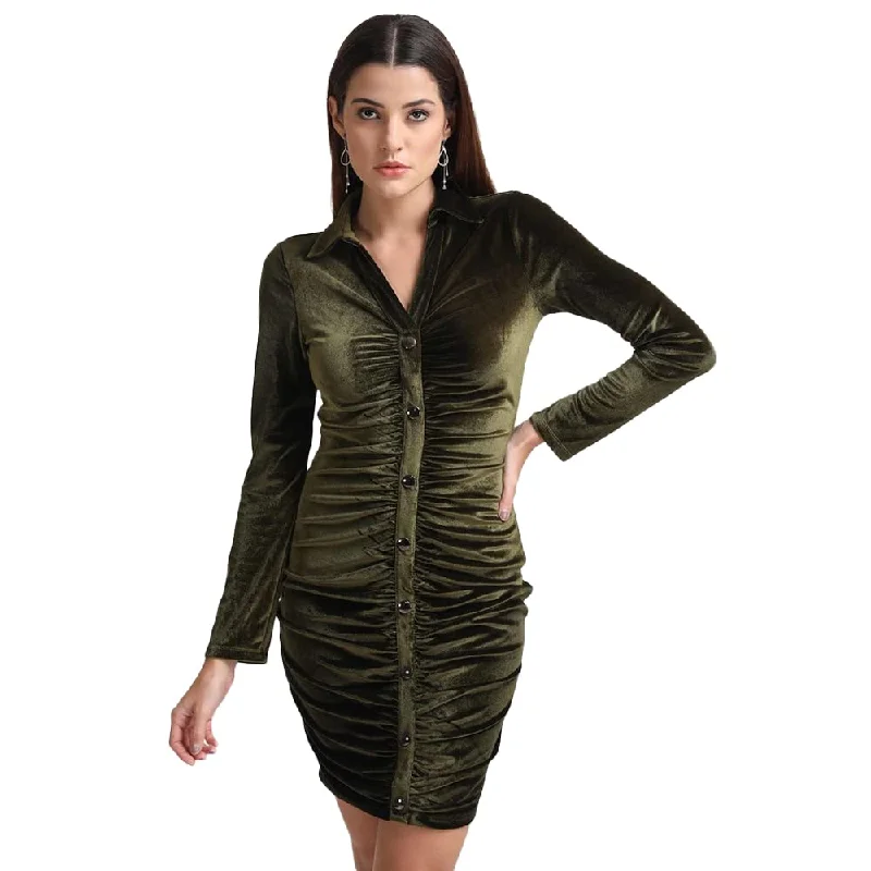 Kazo Embellished Velvet Cowl Neck Womens Mini Dress (Olive) Cozy Satin Mini Dress