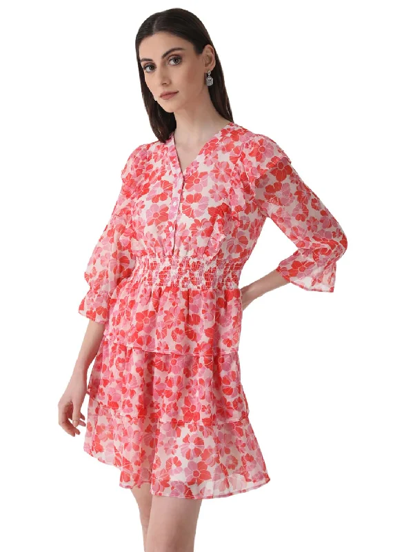 Kazo Women's Chiffon Fit and Flare Mini Dress (Pink White Combo) Trendy Mini Dress with Belt