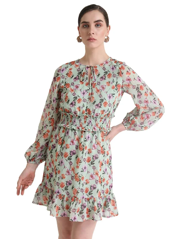 Kazo Women's Georgette Fit and Flare Mini Dress (Mint Green Combo) Stylish Sweetheart Mini Dress