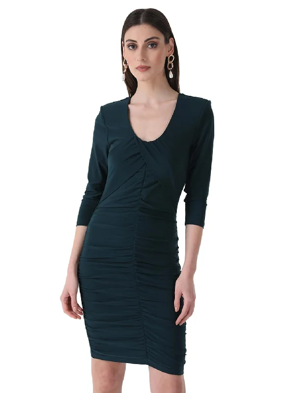 Kazo Women's Polyester Bodycon Mini Dress (Evergreen) Trendy Mesh Mini Dress