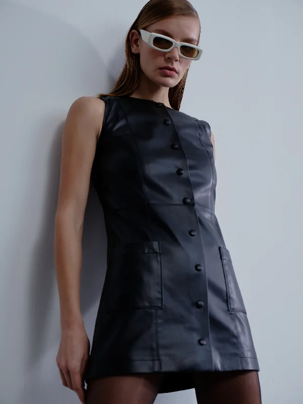 Odette Vegan Leather Mini Dress in Noire Cozy Ruched Mini Dress