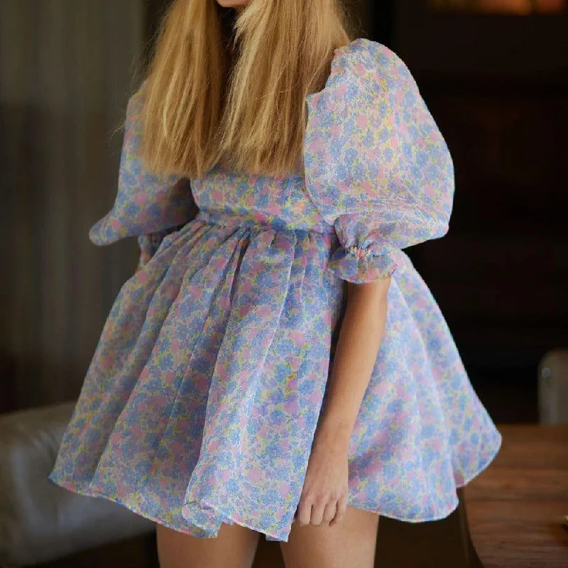 Paloma Sweet Pastel Floral Puff Mini Dress Stylish Sweetheart Neck Mini Dress