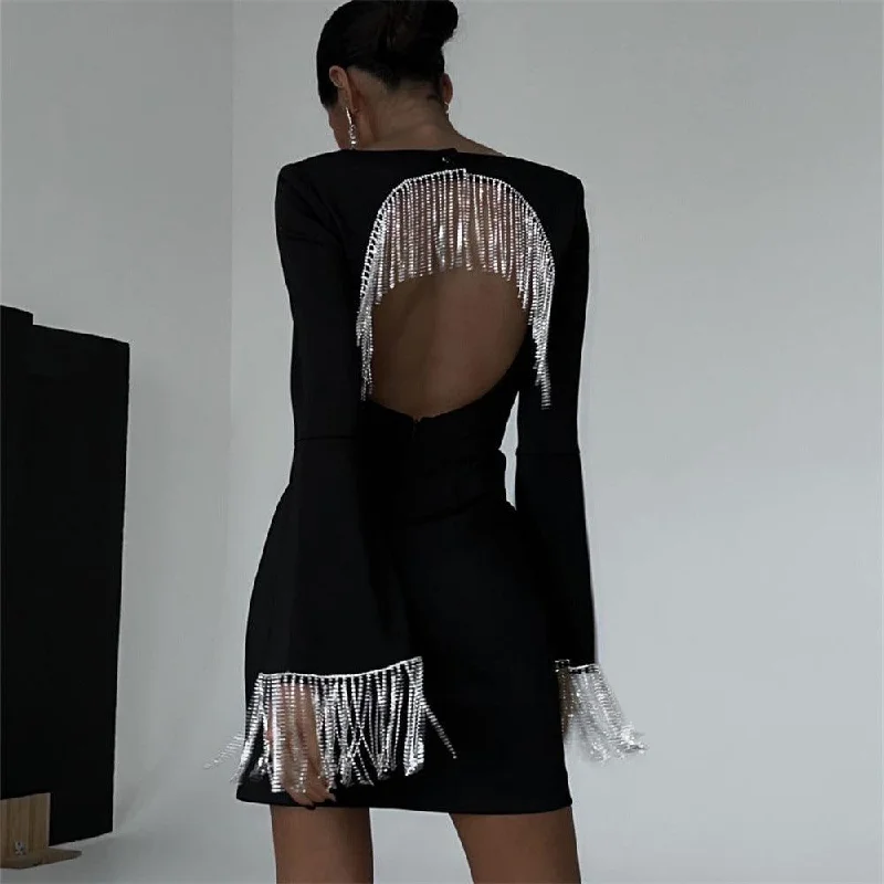 Party Time Diamond Chain Backless Mini Dress Fashionable Boho-Chic Mini Dress
