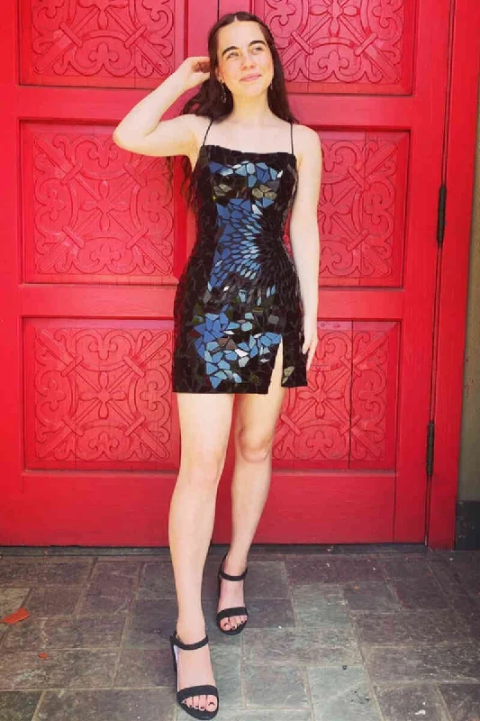 Straps Black Cut Glass Mirror Mini Dress Comfortable Ruffle Mini Dress