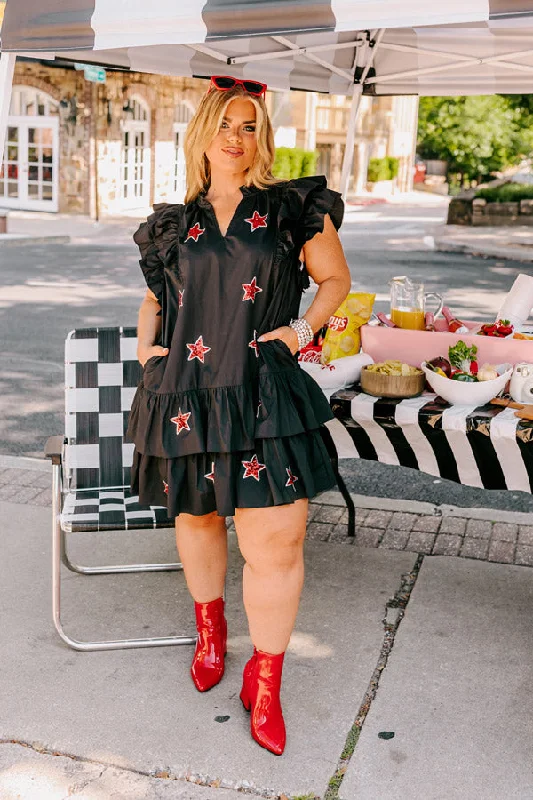 Under The Stadium Lights Ruffle Mini Dress in Black Curves Elegant Velvet Mini Dress