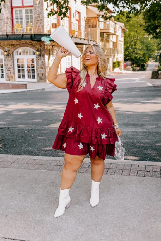 Under The Stadium Lights Ruffle Mini Dress in Maroon Curves Cozy Cotton Mini Dress