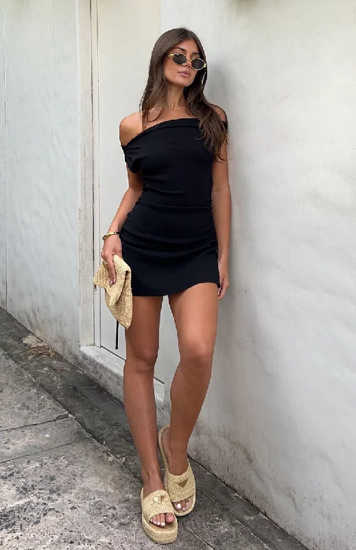 Worth It Knit Mini Dress Black Comfortable Ruffle Mini Dress