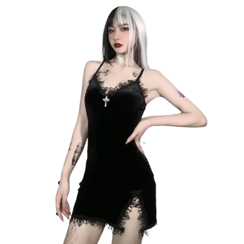 Elevate Your Style with a Dark Cross Black Mini Dress: Vintage, Sexy and Perfect for Goth Party Club Nights Comfortable One-Shoulder Mini Dress