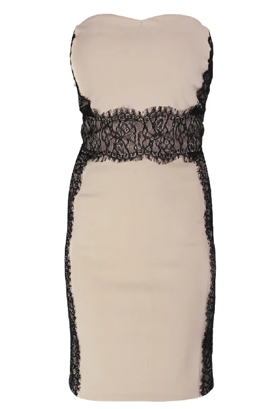 LUCY PARIS MISA Beige Strapless Lace Mini Dress Classic Striped Mini Dress