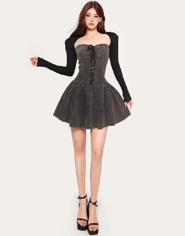 Benson Denim Grey Lace Up Sleeveless Pleated Jeans Mini Dress Chic Pleated Mini Dress Benson Denim Grey Lace Up Sleeveless Pleated Jeans Mini Dress Chic Pleated Mini Dress